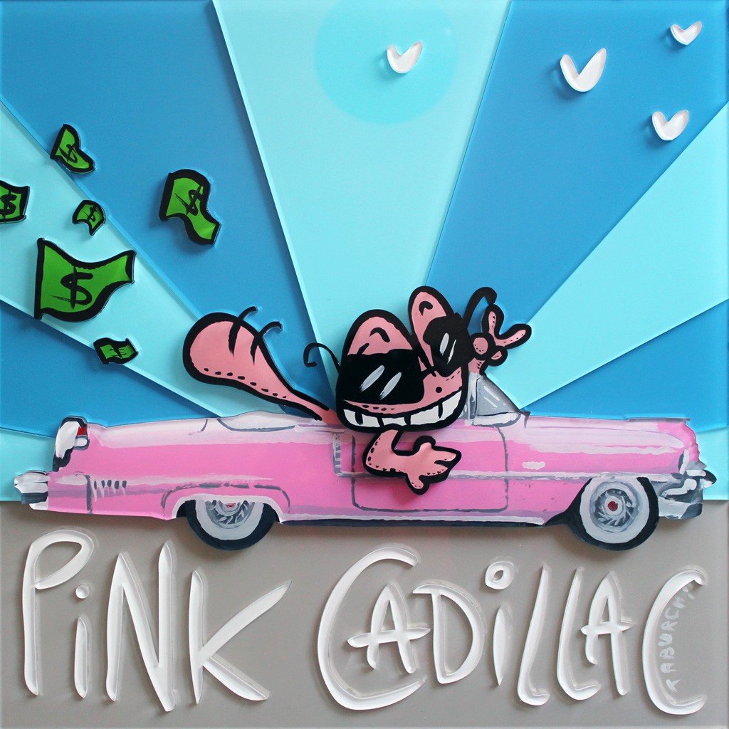 Pink Cadillac, une acrylique sous plexi découpé et réassemblé du Chat Rose par Jérémy Taburchi