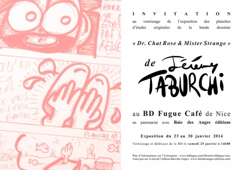 Invitation exposition des planches originales détudes de la BD du Chat Rose au BD Fugue Café de Nice