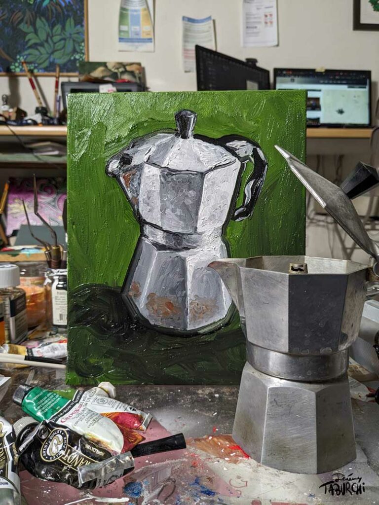 Portrait de cafetière, un tableau peint à l'huile.